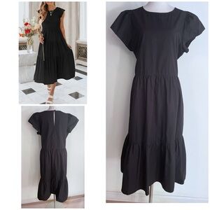 EUC Aura The Label Black Tiered Ruffle Flutter Sleeves Cotton Poplin Midi Dress‌